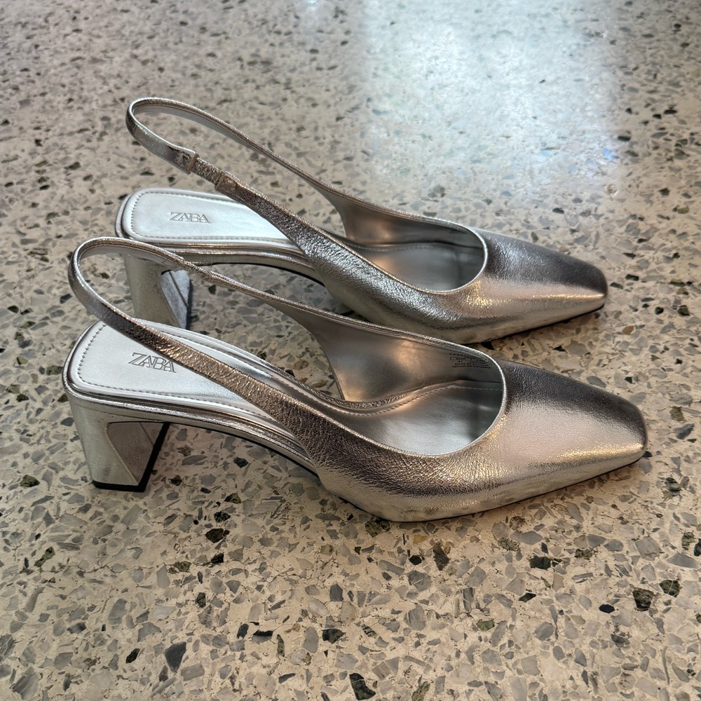 Zara Metallic Silver Block Heels